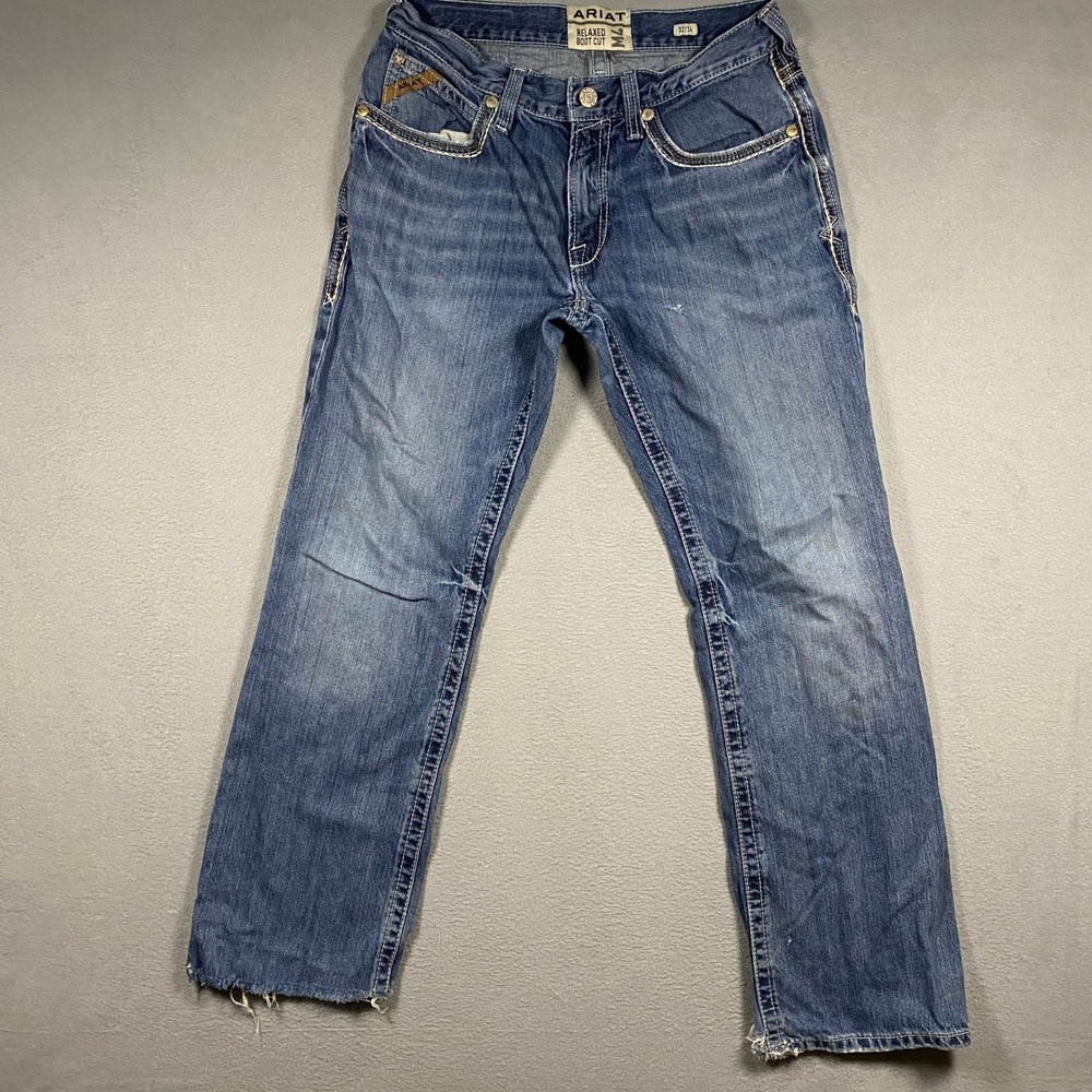 Ariat M4 Relaxed Boot Cut Jeans Mens 32x34 Blue Distressed Frayed Hem Workwear